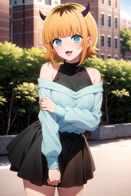 best quality, masterpiece, detailed,
<lora:OshiNoKo_MEMcho:0.8>, memcho,
open mouth, light blush, :3, smile,
short hair, blonde hair, multicolored hair, aqua eyes, blunt bangs, horns,
(blue sweater:1.2), black shirt, bare shoulders, black skirt, medium breasts,
standing, looking at the viewer,
day, park, outdoors