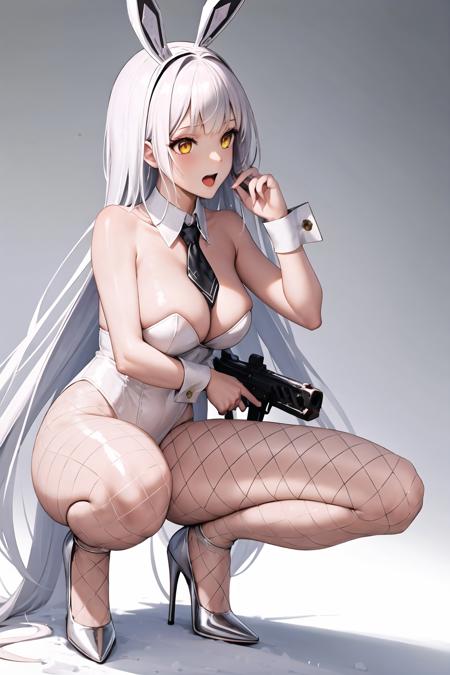 1girl, gun, animal ears, rabbit ears, playboy bunny, holding weapon, holding, long hair, solo, holding gun, high heels, pantyhose, white hair, very long hair, wrist cuffs, leotard, fake animal ears, rifle, short necktie, white leotard, detached collar, fishnets, squatting, black necktie, strapless, necktie, yellow eyes, fishnet pantyhose, white footwear, strapless leotard, assault rifle, highleg,shiny,shiny skin, open mouth,blanc \(nikke\)