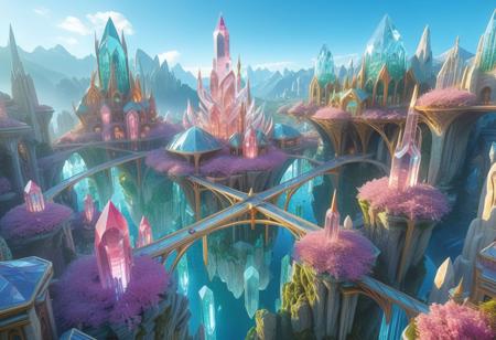 Floating crystal city, fluroite city, aerial view, futuristic cityscape, floating city, large city, busy city, multiple levels,  crystal-like architecture,  tall spires, many tall crystal structures, (crystal towers:1.2), glowing structures, (fluorescent crystal buildings:1.5), floating islands connected by bridges, (crystalline bridges:1.2), (crystal bridges:1.4), (waterfalls with glowing effects:1.2), stylized trees, (pink flowering trees:1.2), digital art, fantasy style, high detail, vibrant lighting, (atmospheric lighting:1.2),  detailed architecture, intricate design, wide-angle shot, (aerial perspective:1.2), (glowing crystal caverns:1.2), serene atmosphere, magical, detailed cityscapes, beautiful, scenic, (detailed crystal formations:1.3), fantasy city, detailed landscape, vibrant colors,  detailed textures, digital painting, fantasy art, (floating island design:1.2), (city architecture:1.3),  (mountain ranges:1.1),  (green valleys:1.1), (sunset:1.2),  (vibrant color palette:1.2), 8k resolution,  epic scale, landscape painting,  detailed city environment,  floating islands,  floating city, composition, scenic view, (ethereal:1.5), gorgeous, masterpiece, crystal, fluorite, (art nouveau style architecture:1.5).