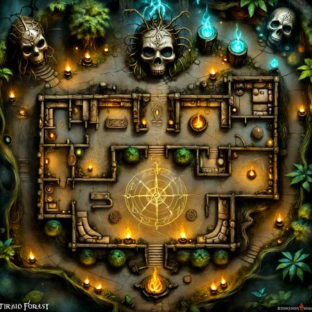 masterpiece, high quality, BREAK top-down view, large map, Table, Interior, Dungeon, Map, Floor Plan, indoors, distinct pathways, doors, entrances, exits, ramps, stairs, voodoo magic, dark ritual, swamp, eerie atmosphere, glowing candles, tribal masks, bone decorations, cursed symbols, wooden huts, hanging skulls, misty air, shadowy figures, ancient totems, ritual circle, flickering torches, overgrown trees, murky water, twisted vines, sacred ground, dark magic, enchanted forest, eerie fog, ceremonial altar, shamanic symbols, runic carvings, creepy dolls, bubbling cauldrons, fetishes, haunted, thick vegetation, ritualistic objects, mysterious energy, glowing sigils, deep shadows, <lora:DD_Table_RPG:0.5>, <lora:SDXLFaeTastic2400:1>, <lora:JJsFloorPlan_XL:1> <lora:ral-vudu-sdxl:0.5> ral-vudu