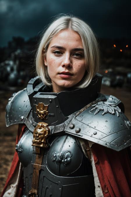 (masterpiece, best quality:1.1), photograph, Porta 160 color, shot on ARRI ALEXA 65, bokeh, depth of field, shot by Don McCullin, (blemishes, skin pores, textured skin:1.1), sharp focus, vibrant colors, PA7_Photo, PA7_Human-Likeness, volumetric lighting, <lora:detail_slider_v4:1>, <lora:FujiVelvia50:0.5>, <lora:GoodHands-beta2:0.8>,
solo, 1 girl, adult  woman, beautiful, grey-blue eyes, (white hair:1.25), wedge cut hair hair,  zealous expression,  <lora:edgWar40KAdeptaSororitas:0.85>, edgAdepta, wearing edgAdepta, power armor, shoulder armor, skull emblem,  battle-worn, grimy, dirty, billowing cape,
(epic, cinematic:1.1), grim dark, battlefield in background, impact crater, nuclear explosion, black smoke rising, particle effects, (wind blowing:1.1), darkness,    <lora:epi_noiseoffset2:0.6>,