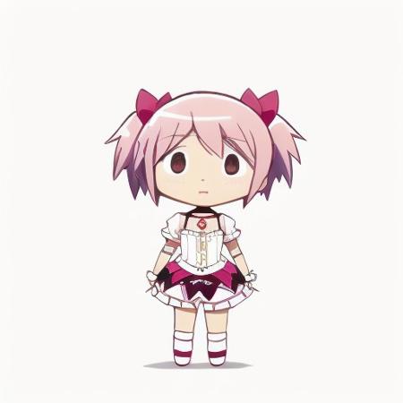 score_9, score_8_up, score_7_up, full body, min, chibi cute pose, anime coloring, upper body, (solid white background:1.3), <lora:madoka-madomagi-01:0.8>, madoka kaname, short hair, magical girl, choker, madoka kaname