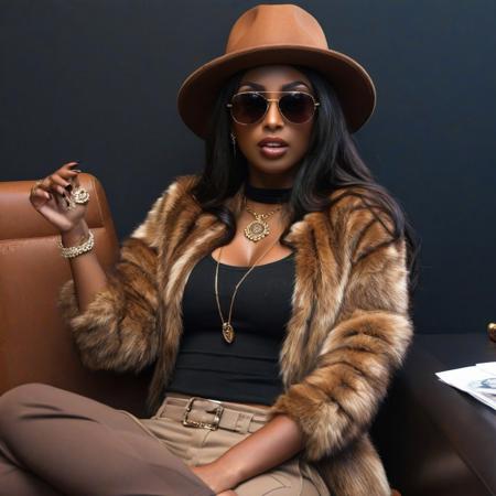 1girl, solo, long hair, breasts, large breasts, brown hair, black hair, hat, navel, cleavage, jewelry, sitting, midriff, dark skin, necklace, dark-skinned female, lips, fingernails, sunglasses, ring, realistic, fur hat