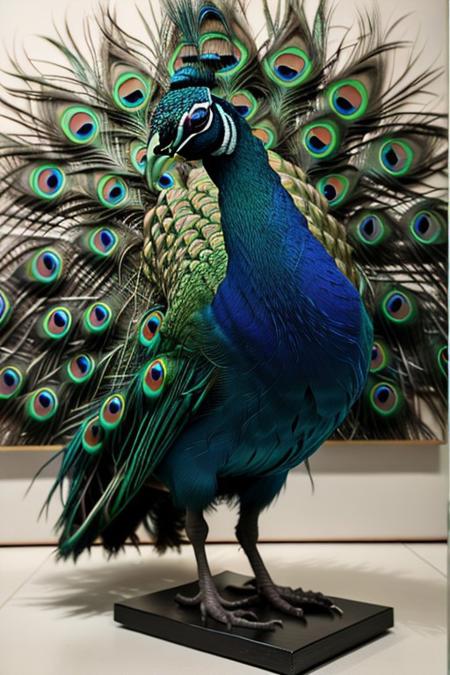 Definition, Impeccable Detail, Premier Quality, Best-in-class, (Photorealistic), (Lifelike), raw photo,peacock,  abstract painting with varying colorful geometric shapes on a textured background, sculpture of a peacock standing in front of the abstract painting,  background abstract painting,