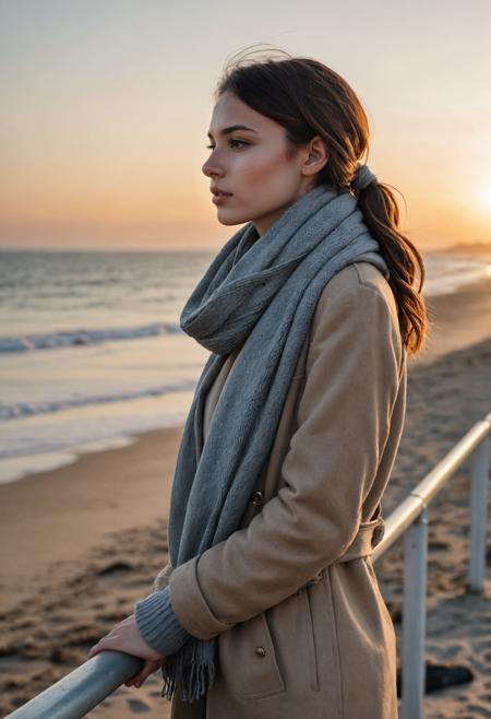 young woman leaning on a barrier, from side, beach, cold, morning, sunrise,  looking away, stare into space, cap, scarf, coat, medium full shot, realistic, raw photo, skin details,