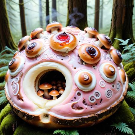 an enchanted forest where mushrooms resemble soft buns, caps layered in swirls of pink dough, glowing jam seeping from fissures, small creatures nesting inside hollowed centers, mist swirling with warm bakery scent, Buns