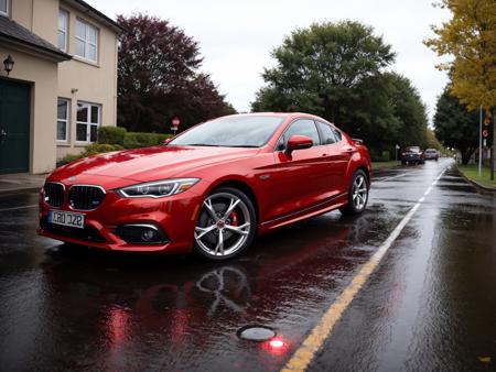 masterpiece, red sports car in the street, day time, wet weather, filmic, happy lighting, flare spots, brighter,