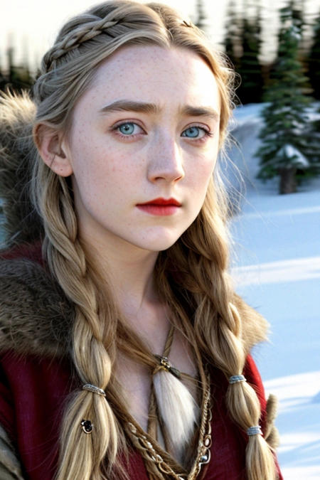 Saoirse Ronan,wearing a viking outfit, serious look,red lips snow in the background, winter season, photorealistic, realistic, Saoirse Ronan
