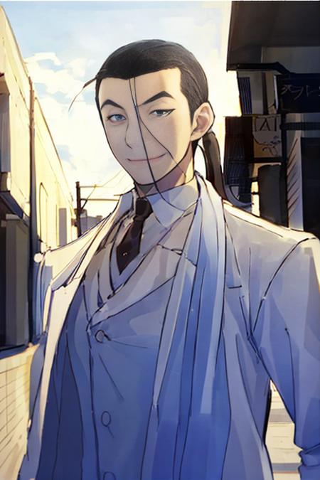 1boy, <lora:Chara_kimblee:1>,kimblee,( upper body:1.2),  white suit, gradient background, smirk,city,street