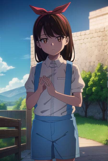 anju, long hair, black hair, (brown eyes:1.5), hairband, ribbon, hair ribbon, shirt, bow, white shirt, short sleeves, suspenders,