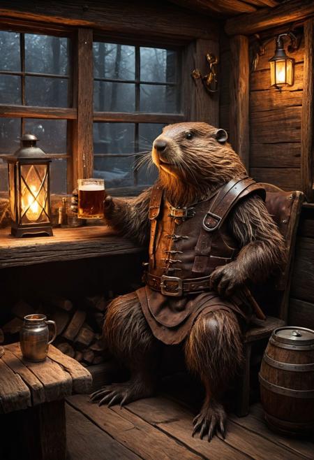 fantasy anthropomorphic a beaver warrior in dark tavern holding a pint of ale in a cozy environment with gas lamps rustic wood warm brick fireplace and frosted glass windows
