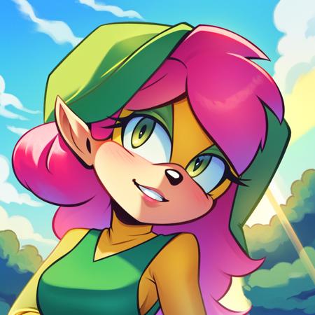 sky, sunlight, 1girl, prettyeyes, looking at viewer, seductive smile, soft smile, parted lips, portrait, (mobian), wolf girl, <lora:link(shounen-captain)-10:0.8> link \(shounen captain\), pink hair, green hat, green tunic, breasts, the legend of zelda,