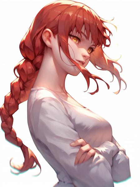 makima, 1girl, yellow eyes, red hair, braided ponytail,  ringed eyes, white collared shirt, black necktie,