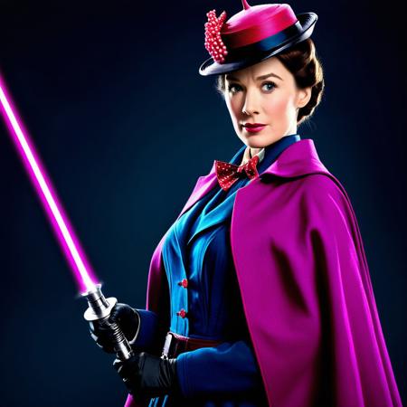 Concept photo, Incredibly Detailed Accurate Portrait Of Female  Doctor (((Mary poppins))) dressed as a Jedi with a powered-magenta lightsabre, fighting a Dalek