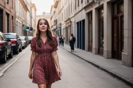 full color portrait of a young woman, wearing a summer dress, in a crowded street, natural light, RAW photo, subject, 8k uhd, dslr, soft lighting, high quality,