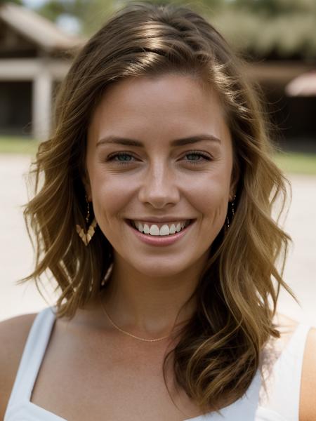 Realistic photo of a beautiful 3ll4c woman,1girl,solo,looking at viewer,smile,short hair,blonde hair,bare shoulders,blue eyes,jewelry,upper body,earrings,teeth,grin,lips,realistic,soft lighting, professional Photography, Photorealistic, detailed, RAW, analog, sharp focus, 8k, HD, high quality, masterpiece<lora:3ll4c:1.0>
