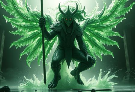 Create a hyper-detailed, 4K, HD image of a Celtic Guardian transforming into his final form on a Dark Factory of Mass Production backdrop. Incorporate ice needles, heavy green coloration, and an official details render aesthetic reminiscent of a trending Instagram image. The scene should feature a portcullis, pointé pose, open mouth, and a liquid headdress with a shockwave effect. Primarily focus on the golden ratio, micro details, lifelike details, and cinematic lighting typical of a flagship anime studio staff. The image should evoke a sense of a glorious, gorgeous nebula being born, specifically leveraging Octane render and post-processing techniques.