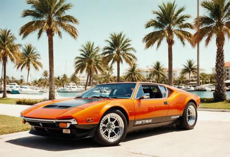 analog film photo (Sportscar gleaming orange DeTomaso Pantera, front view, palm trees, sunny seaside cityscape), (stylish, film grain, saturated:1.3) . faded film, desaturated, 35mm photo, grainy, vignette, vintage, Kodachrome, Lomography, stained, highly detailed, found footage