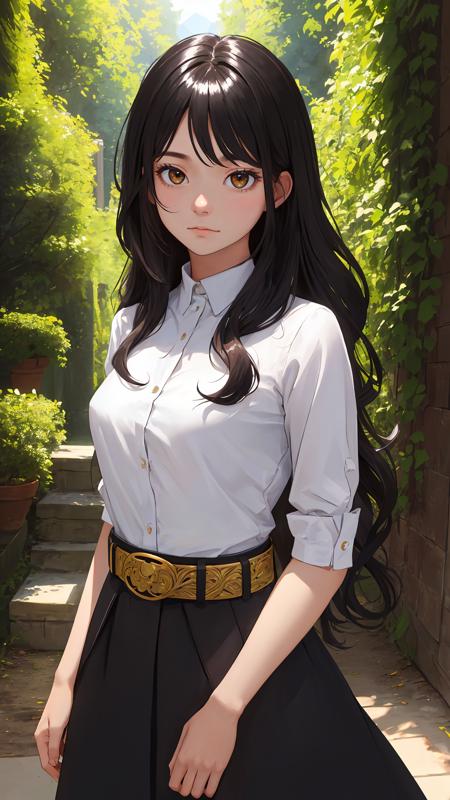 (absurdres), (intricate details), (extremely detailed), (looking at viewer), (masterpiece:1.2),(best quality:1.2), 
(girl), (shiny skin:1.2), cinematic, (upper body), medium breasts, outdoors, town, natural wavy, very long hair,
 bang, (black_theme), curious face, black hair, day with sunlight,
(dress), standing,
no_sleeves, thighhighs,
belt,