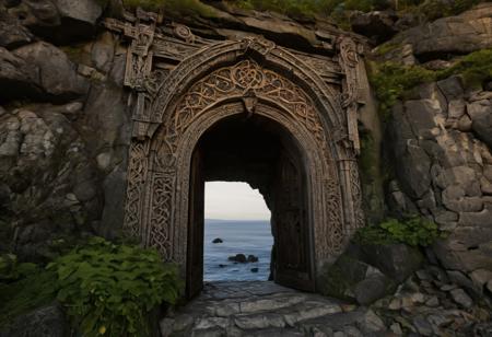 raw photo, Cinematic, (closeup) (wideshot) a sunset landscape, Film Still, PNW coast, forested cliffs, overlooking oregon ocean across cove , cozy, photor-realistic, newly built Towering Stone gateway entry into dark the side of rocky mountain cliff face, (dwarven: 1.39), high fantasy style, high detailed texture, 8k uhd, dslr, soft lighting, high quality, film grain, Fujifilm XT3, Sony A7 IV, highly detailed photography, (muted colors, cinematic, dim colors, soothing tones:1.2), vibrant, insanely detailed, hyperdetailed, (dark shot:1.2), (vsco:0.3), (intricate details:0.9), (hdr, hyperdetailed:1.2) (highest coherency: 1.39) (highest quality: 1.39) (rule-of-thirds) (award-winning) (masterclass) (highest resolution: 1.39) (castle architecture built into cliff: 0.69) (protruding from hillside) (rounded doorway) (glowing elven celtic knot designs) (carved from the rock: 1.49)