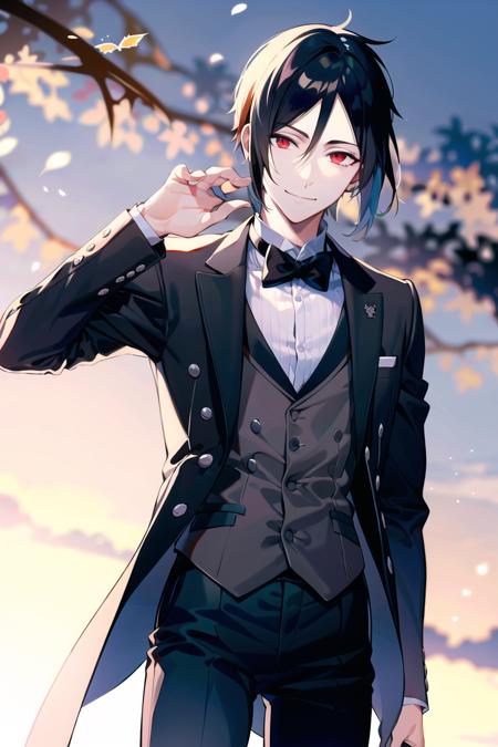 masterpiece, best quality, solo, 1boy,  <lora:sebastian_michaelis-08:0.8>, sebastianv1, butler, smile, red eyes,