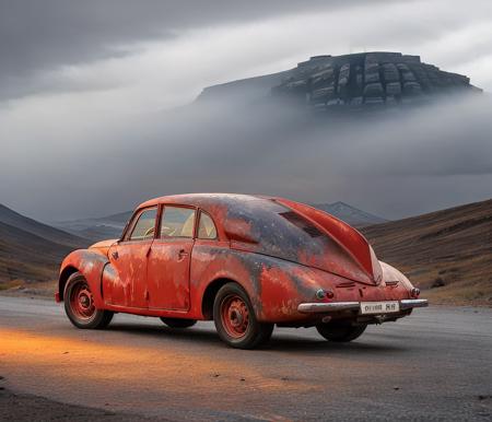 car bright ivory and red creative spraypaint  shiny, dystopian thriller, ((masterpiece)) dramatic night, shadow under dramatic valley  mountains, cloudy dust storm <lora:tatra87:0.7> night