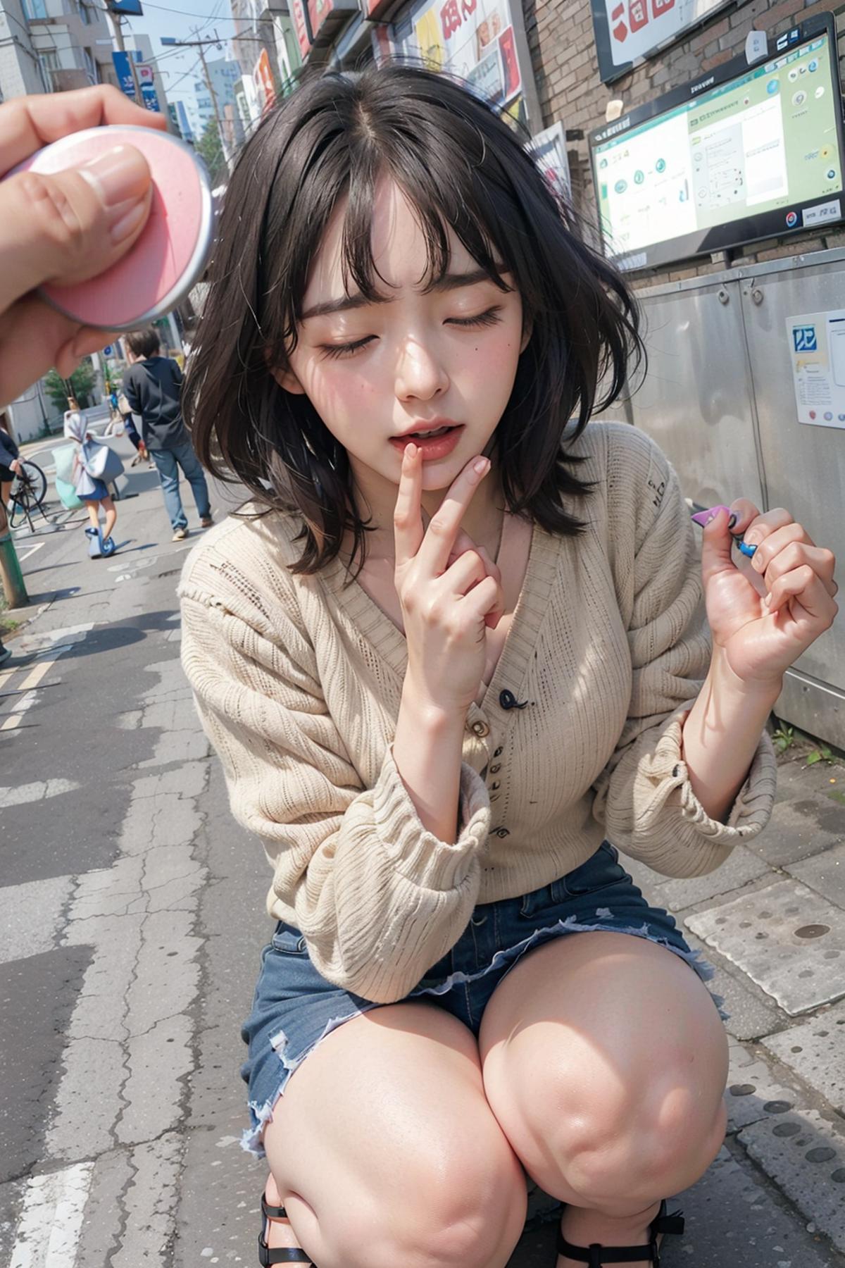 A young woman with a short haircut is sitting on the sidewalk and holding a pink item next to her mouth. She is wearing a beige sweater and blue shorts.