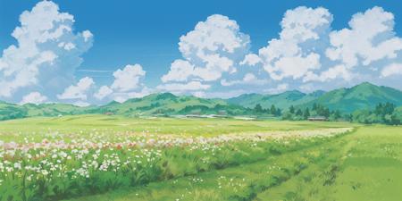 (((best quality))),blue_sky, cloud, cloudy_sky, condensation_trail, dandelion, day, field, flower, flower_field, holding_flower, horizon, kazami_yuuka, mountain, mountainous_horizon, outdoors, sky, straw_hat, summer<lora:Pyramid lora_Ghibli_v2:1>