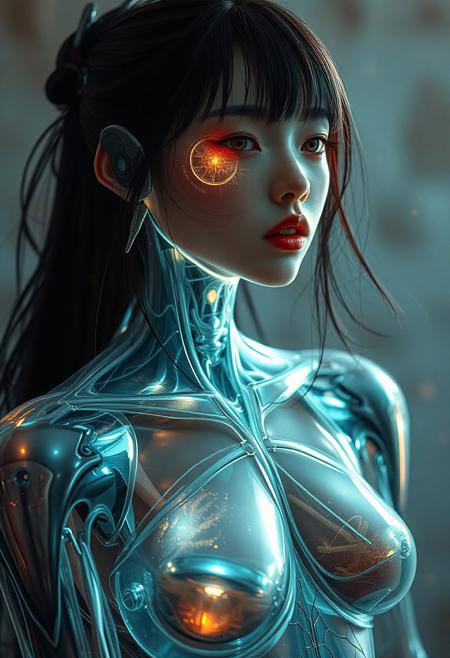 Moa Kikuchi is a cyborg female with a 500% Transparent fractured body, and torn muscles,  Jeremy Mann, Robert Oxley, . Luis Royo style artwork. Mecole,  Hologram, transparent, woman with Transparent ceramics body, mecha, internal glow, muscle tissue, nerves, gynoid, 4k, Tractography, Magali Villeneuve, transparent materials, Makoto Shinkai, Jamie Wyeth, James Gilleard, Edward Hopper, Greg Rutkowski, Studio Ghibli, Genshin Impact, whimsical charm, fantasy, samurai, mythical presence. Camera is using mobile phone camera of Nokia C3.