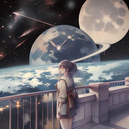 (high quality, masterpiece), eotw_lora, 1girl, standing, closeup, balcony behind, planet, sky, night, moon, star (sky), night sky, scenery, starry sky, <lora:eotw_lora:1>