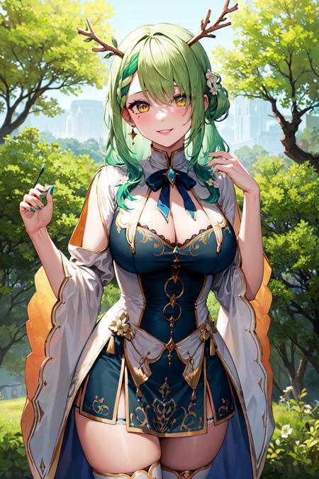 masterpiece, best quality, 1girl, breasts, green hair, braid, braided bangs, cleavage, thighhighs, single braid, single thighhigh, antlers, dress, yellow eyes, jewelry, anklet, nail polish, mole, toenail polish, green nails,hair flower, mole under eye, multicolored hair, long hair, toenails, hair ornament, large breasts, green flower, streaked hair, earrings, white thighhighs, bow, bangs, wide sleeves, leaf, blue dress, horns, ceres fauna, <lora:ceres_fauna_v1:0.6>, smile, upper body,