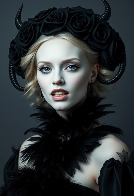 Medium shot, Symmetrical front view of a dark princess, albino, pale sking, pale lips, vampire fangs, black roses abd horns headpiece, black feathers collar, standing pose, in the style of infernal fasion, otherworldly beauty, infernalpunk, queencore, ornamented age aesthetics, coal and black, photography studio style