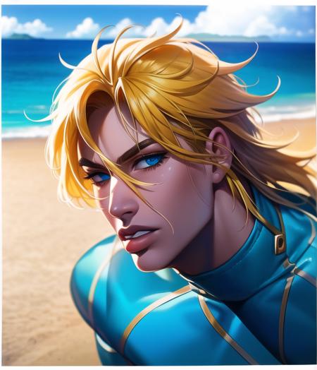 manga artwork, diego brando, araki hirohiko (style), 1boy, solo, parted lips, blonde hair, blue eyes,  v-shaped_eyebrows, masterpiece, best quality, ultra-detailed detailed, detailed digital artwork, hi res,  blue sky, sea,  beach, beautiful, <lora:diego brando8:0.97>