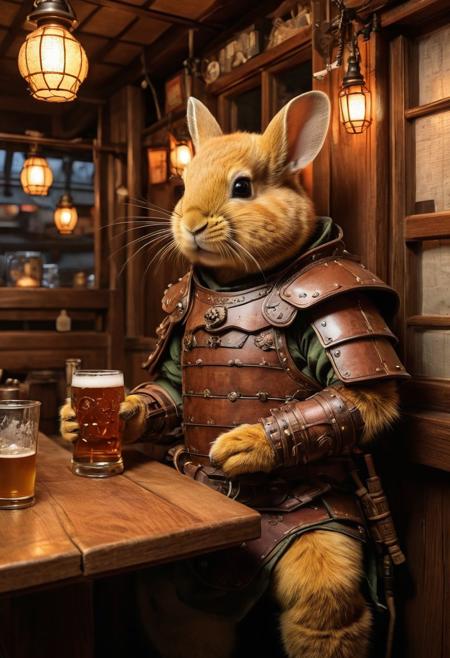 fantasy anthropomorphic a (northern-pika) (warrior: 1.19) (leather armor) in dark japanese-tavern holding a pint of ale in a cozy environment with gas lamps oriental japanese-woodworking warm brick fireplace and (paper windows) (japanese-style-architecture)