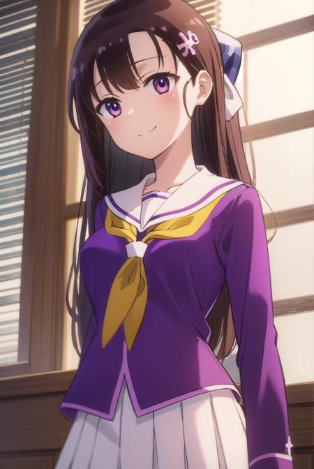 hitomihino, <lora:hitomi hino s1-lora-nochekaiser:1>,
hitomi hino, long hair, black hair, hair ornament, (purple eyes:1.1), smile,
BREAK skirt, school uniform, pleated skirt, serafuku, white skirt, shirt, purple shirt, sailor collar, white sailor collar, long sleeves, neckerchief, yellow neckerchief,
BREAK indoors, classroom,
BREAK looking at viewer, (cowboy shot:1.5),
BREAK <lyco:GoodHands-beta2:1>, (masterpiece:1.2), best quality, high resolution, unity 8k wallpaper, (illustration:0.8), (beautiful detailed eyes:1.6), extremely detailed face, perfect lighting, extremely detailed CG, (perfect hands, perfect anatomy),