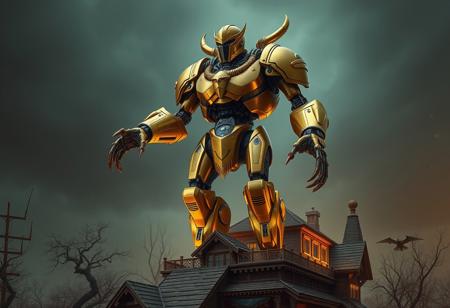Create a highly detailed, 8k resolution digital of a strong and imposing exoskeleton Goliath standing on a Cursed Dollhouse. The Goliath should wear golden full-body armor, with a face resembling that of an armored villain. The artistic style should blend elements of Tim White, Alphonse Mucha, and Artgerm, with a focus on grimdark vibes and cinematic lighting. The character should be depicted in a warm greeting pose, with a focus on showcasing the intricate details of the exoskeleton and armor. Incorporate micro and lifelike details, adhering to the golden ratio and hyper-realistic principles. Style the artwork to be reminiscent of a final boss or a masterpiece, with the potential to trend on Artstation.