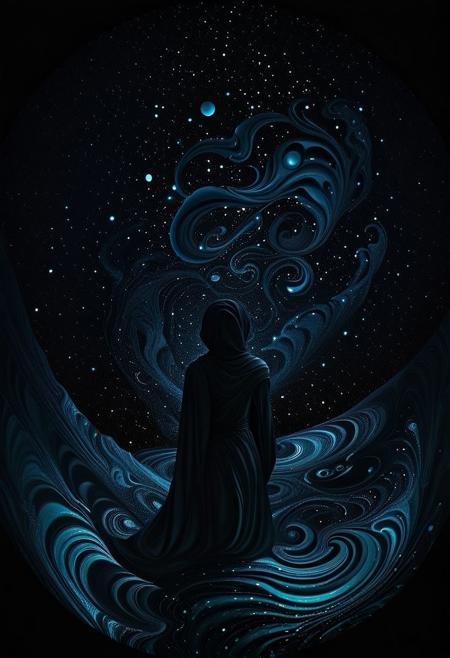 A hauntingly immersive feeling of aetheric melancholy swirls in depths of a cosmic void, where shadows converge in a symphony of obsidian hues. The main subject is a mysterious figure shrouded in darkness, exuding an aura of profound sorrow and enigmatic allure. This digital painting evokes a sense of otherworldly beauty, rendered with intricate details and rich textures that seem almost palpable. The transcendent quality of the image transports viewers to a realm of profound introspection and mystery.