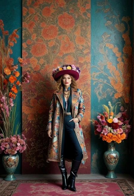 A model in an outfit with a long coat, fur hat, and boots in the style of Etro, posing against the backdrop of a wall painted with a textured pattern, surrounded by vases filled with flowers. The overall style is artistic and colorful, with patterns on the fabric, creating a unique visual effect. In her hands, she holds small bouquets of flowers. This photo was taken using a Canon EOS R5 camera.