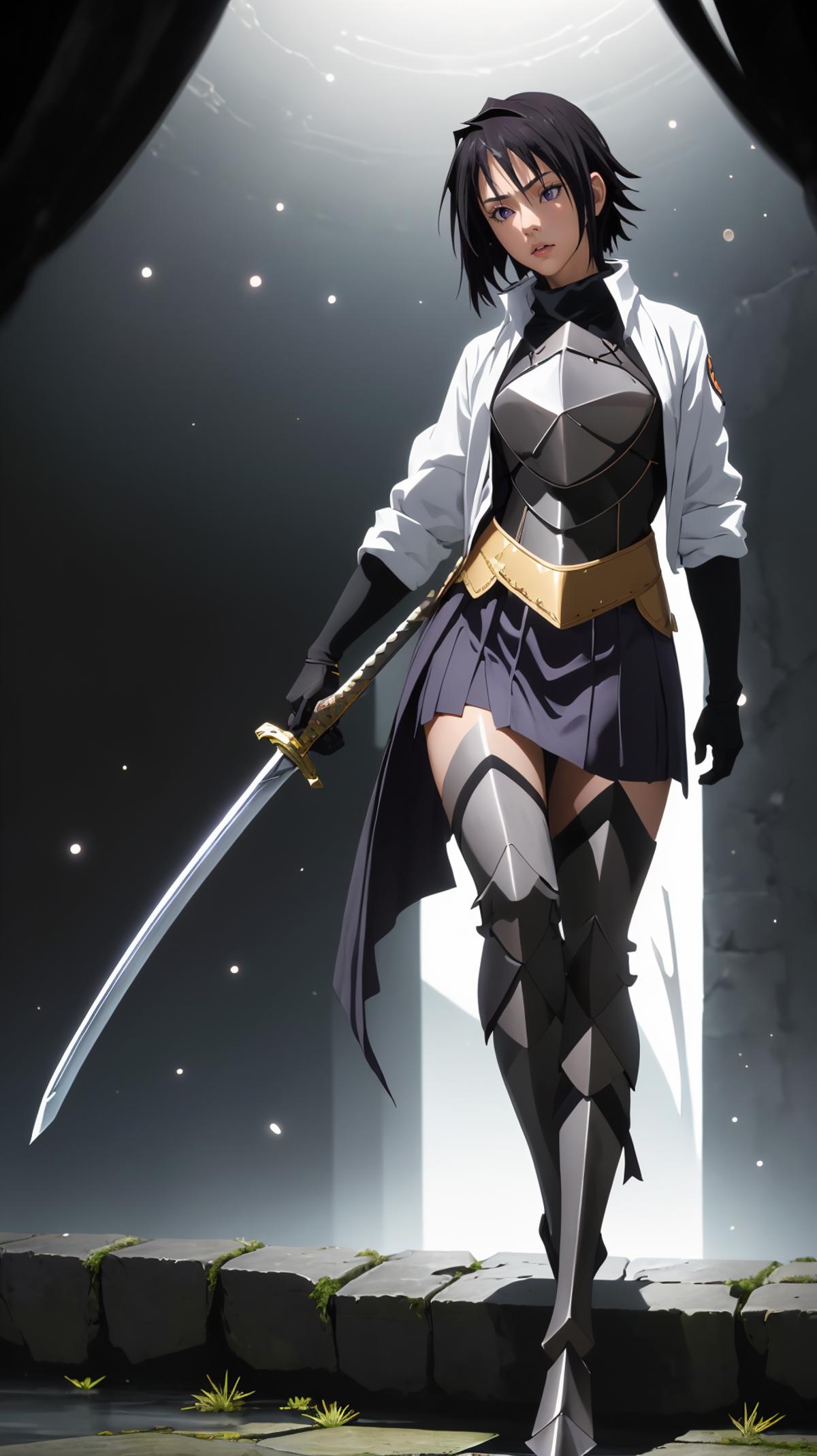 Anime-style character with sword and shield, wearing a skirt.