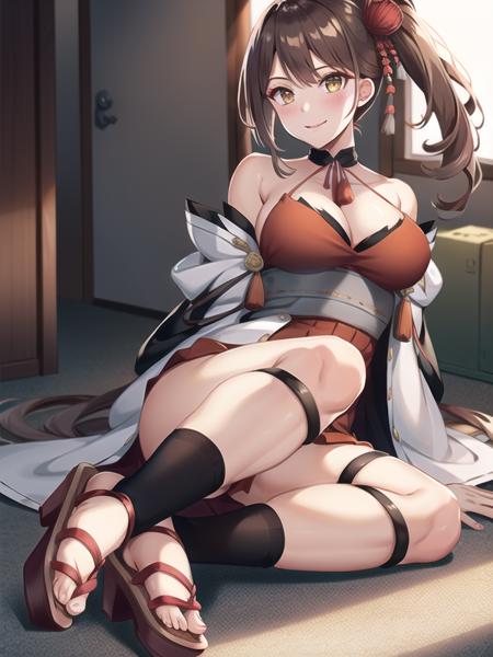 (hyper extreme detailed),(masterpeace),(hyper extreme),(photorealistic),CG,1girl, outdoors,   <lora:Zuikaku:1>,Zuikaku,side ponytail, brown hair,long hair,  yellow eyes, hair ornament, red dress,sleeveless,black socks, thigh strap,geta,open clothes, full body,