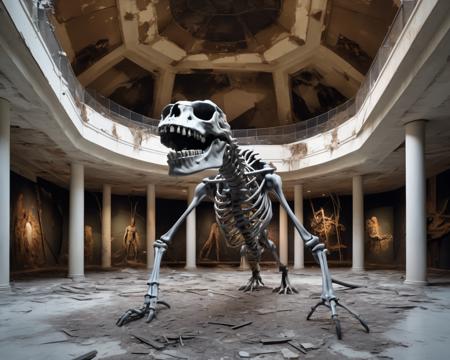 best quality, realistic, vray, hdr, inside a post-apocalyptic neglected museum, broken display cases, collapsing dinosaur skeleton, faded paintings, cracked planetarium dome., by David LaChapelle,  <lora:PostApocalypticXL_v1:0.8> SZ_4po enviroment