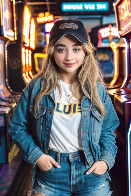 ((wide angle)) ((movie poster)),sabcarp  ((wearing casual grunge clothes)) ((at an arcade)), ((looking at camera)), big smile,Detailed, Detailed pretty face, Sharp Focus, (Detailed and intricate), Leica 35mm F2.8, Fuji Superia Reala 100