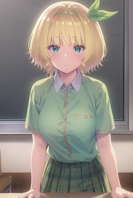 yuikakoga, <lora:yuika koga s1-lora-nochekaiser:1>,
yuika koga, short hair, blonde hair, (green eyes:1.3), hair ribbon, hairband, green ribbon,
BREAK skirt, shirt, school uniform, white shirt, plaid, plaid skirt, green skirt,
BREAK indoors, classroom,
BREAK looking at viewer,
BREAK <lyco:GoodHands-beta2:1>, (masterpiece:1.2), best quality, high resolution, unity 8k wallpaper, (illustration:0.8), (beautiful detailed eyes:1.6), extremely detailed face, perfect lighting, extremely detailed CG, (perfect hands, perfect anatomy),