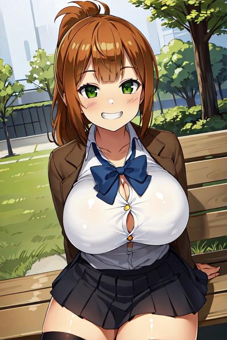 masterpiece, best quality, detailed face, detailed eyes,  <lora:HUGinger:0.5>, brown hair, ponytail, folded ponytail, huge breasts, grin, green eyes, school uniform, outdoors, park, bench,