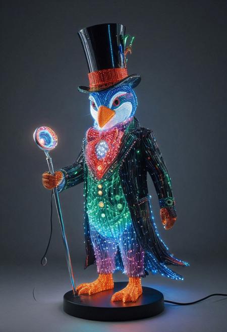 embedding:lazmpos, LED, colorful LED lights, RGB lights, red green and blue penguin, art deco, top hat, cane, monocle,RetroBG