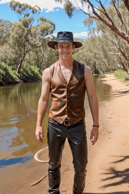 the Australian Outback, the bank of a river, smiling, BradHunter is dressed as young (Paul Hogan) from the movie (Crocodile Dundee), light brown hair, ((crocodile skin vest)), (closed vest), ((shirtless)), (sleeveless:1.4), brown leather pants, (black hat:1.4), (((full body portrait))), wide angle  <lora:BradHunter:0.8>