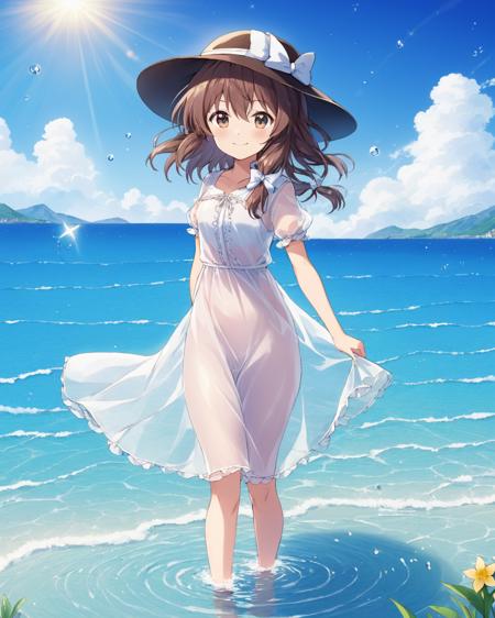 usami renko,1girl, hat, solo, dress, smile, alternate_costume, cloud, water, day, wading, sky, wringing_clothes, flower, see-through, hair_bow, wet_clothes, ocean
<lora:usami_renko_image1360_2023-12-20-000010:1>,star-shaped_pupils,symbol-shaped_pupils,. gorgeous,key visual, vibrant, studio anime,award-winning, professional, highly detailed,high budget, cinemascope