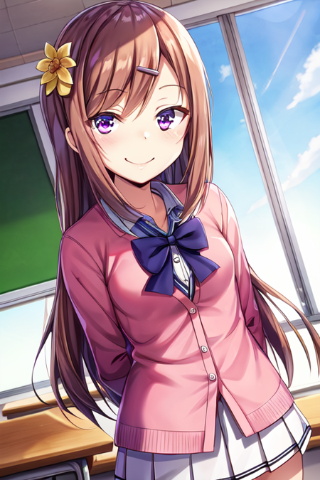 (masterpiece), (high quality:1.2, best quality:1.2), classroom, (upper body), 1girl, solo, solo focus, asahina nazuna, long hair, brown hair, hair ornament, hairclip, purple eyes, school uniform, blue bowtie, pink cardigan, miniskirt, white skirt, arms behind back, smile