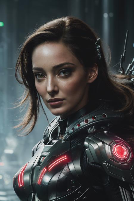 edt, ((best quality)), ((masterpiece)), (detailed), Midjourney Style, close-up, woman, robot, red eyes, concept art, inspired by Marek Okon, digital art, Crysis Nanosuit, futuristic, (glowing elements:1.1), 4:3 aspect ratio, dynamic duo,<lora:EmmaDumont-RealVision-V1.0:1>