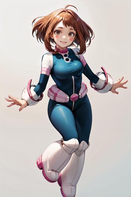 uraraka ochako, bodysuit, simple background, medium breasts, full body, boots, 1girl, sidelocks, blush stickers, clenched hand, superhero, white background, smile, black bodysuit, looking at viewer, solo<lora:uraraka_ochako:1>